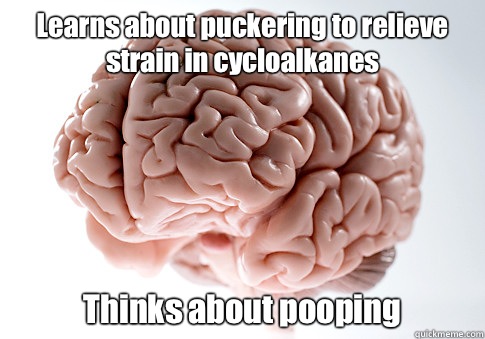 Learns about puckering to relieve strain in cycloalkanes Thinks about pooping  - Learns about puckering to relieve strain in cycloalkanes Thinks about pooping   Scumbag Brain