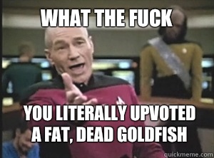what the fuck You literally upvoted
a fat, dead goldfish   Annoyed Picard
