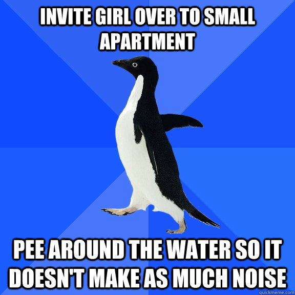 invite girl over to small apartment pee around the water so it doesn't make as much noise  Socially Awkward Penguin