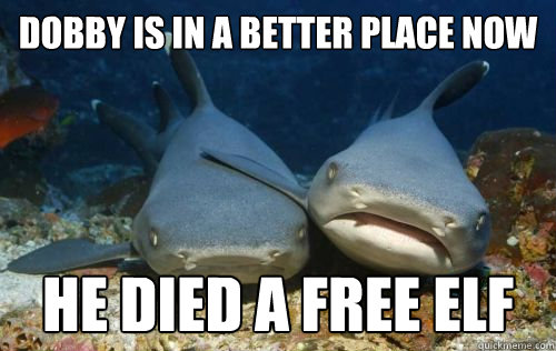 dobby is in a better place now he died a free elf  Compassionate Shark Friend