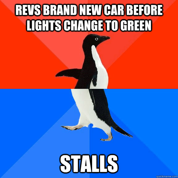 Revs brand new car before lights change to green stalls  socially awkward penguin socially awesome penguin
