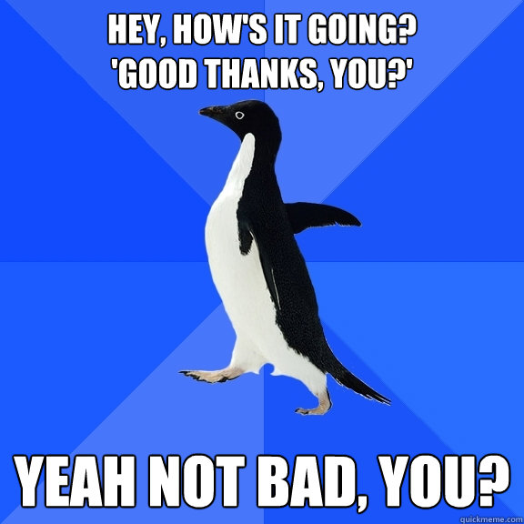 hey, How's it going?
'good thanks, you?' yeah Not bad, you?  Socially Awkward Penguin