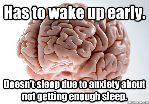 Has to wake up early.  Doesn't sleep due to anxiety about not getting enough sleep.  Scumbag Brain