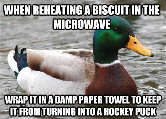 When reheating a biscuit in the microwave wrap it in a damp paper towel to keep it from turning into a hockey puck  Actual Advice Mallard