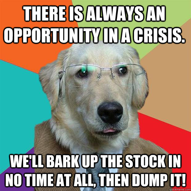 There is always an opportunity in a crisis.  We'll bark up the stock in no time at all, Then dump it!   Business Dog