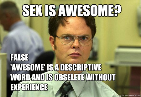 Sex is awesome? False
'awesome' is a descriptive word and is obselete without experience   Schrute