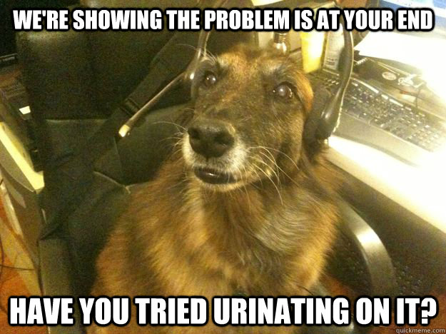 We're showing the problem is at your end Have you tried urinating on it? - We're showing the problem is at your end Have you tried urinating on it?  Tech Support Dog