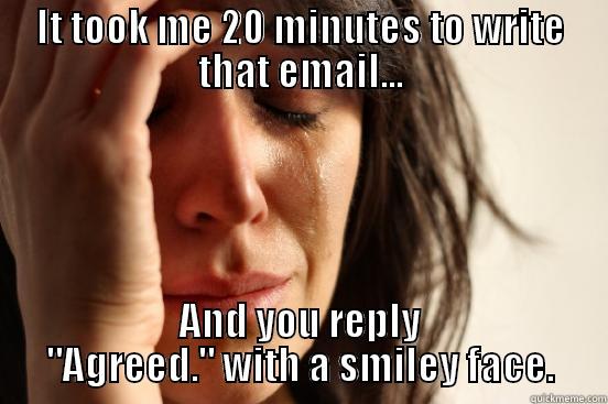 IT TOOK ME 20 MINUTES TO WRITE THAT EMAIL... AND YOU REPLY 
