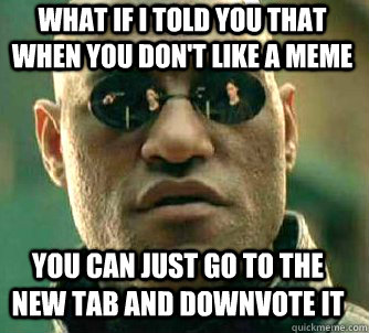 what if i told you that when you don't like a meme you can just go to the new tab and downvote it  Matrix Morpheus