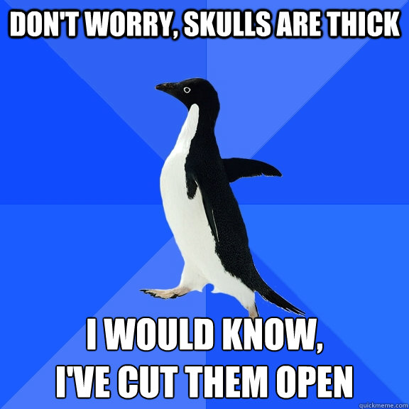 don't worry, skulls are thick i would know, 
i've cut them open  Socially Awkward Penguin
