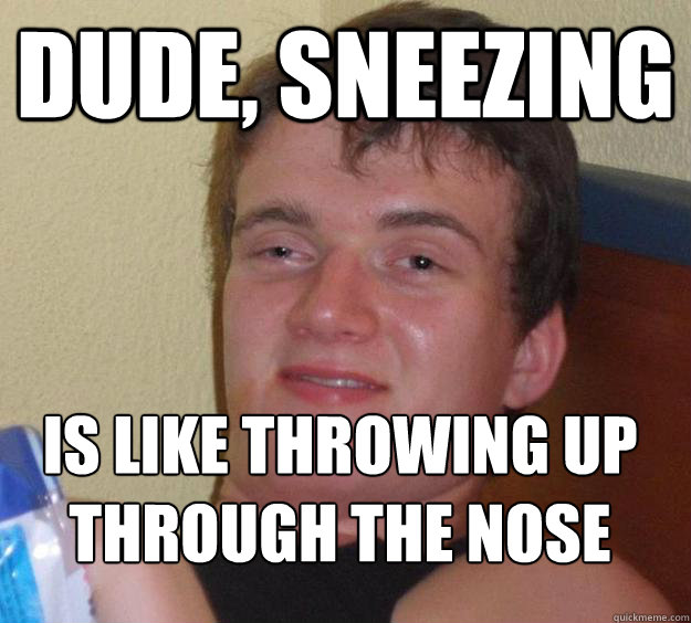 dude, sneezing is like throwing up through the nose
 - dude, sneezing is like throwing up through the nose
  10 Guy