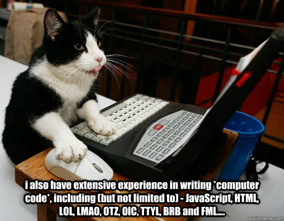 i also have extensive experience in writing *computer code*, including (but not limited to) - JavaScript, HTML, LOL, LMAO, OTZ, OIC, TTYL, BRB and FML.... - i also have extensive experience in writing *computer code*, including (but not limited to) - JavaScript, HTML, LOL, LMAO, OTZ, OIC, TTYL, BRB and FML....  job interview