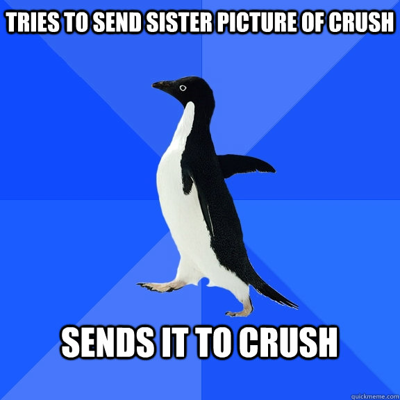 tries to send sister picture of crush  sends it to crush  Socially Awkward Penguin