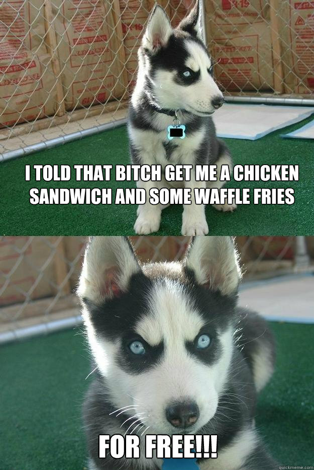 I Told that bitch get me a chicken sandwich and some waffle fries for free!!!  Insanity puppy