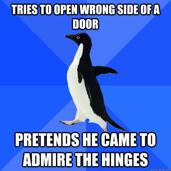 Tries to open wrong side of a door Pretends he came to admire the hinges  Socially Awkward Penguin