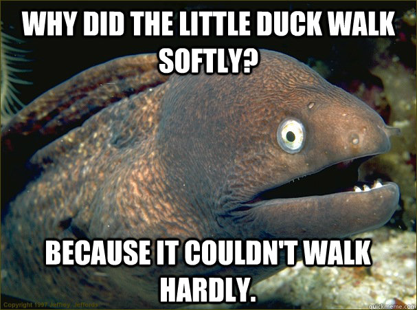Why did the little duck walk softly? Because it couldn't walk hardly.  Bad Joke Eel