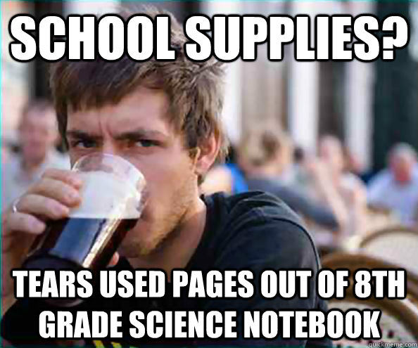 School supplies?  Tears used pages out of 8th grade science notebook  College Senior