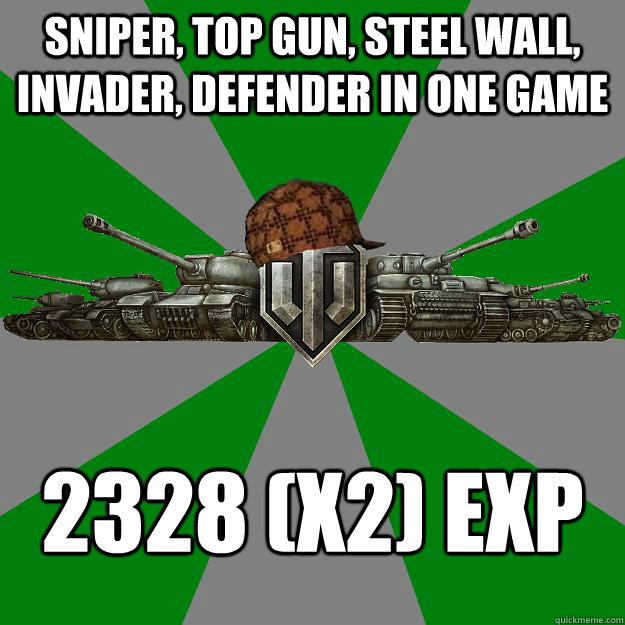 Sniper, Top Gun, Steel Wall,  Invader, Defender in one game 2328 (x2) exp  Scumbag World of Tanks