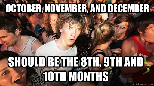 October, November, and December should be the 8th, 9th and 10th months   Sudden Clarity Clarence