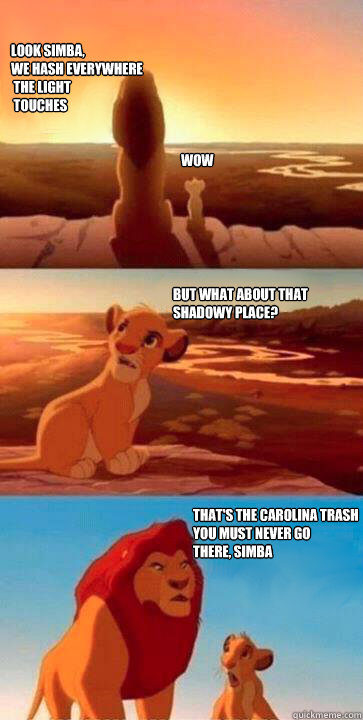 look simba,
we hash everywhere
 the light
 touches  WOW But what about that shadowy place? That's the Carolina Trash
you must never go
there, simba  simba mufasa meme