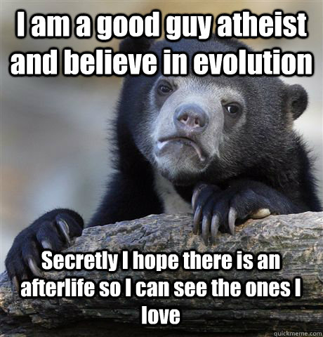 I am a good guy atheist and believe in evolution Secretly I hope there is an afterlife so I can see the ones I love  Confession Bear