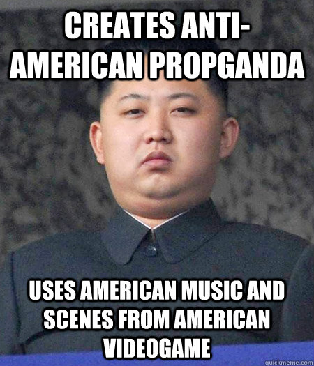 Creates anti-american propganda uses american music and scenes from american videogame  kimjongun