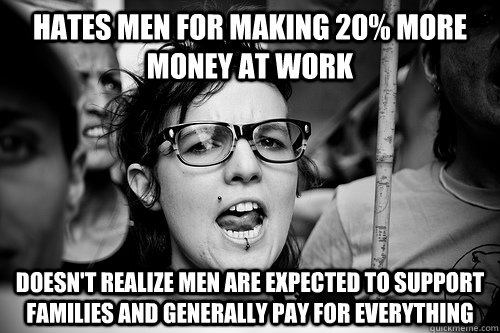 hates men for making 20% more money at work doesn't realize men are expected to support families and generally pay for everything  Hypocrite Feminist