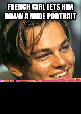 French girl lets him draw a nude portrait she has one leg..  Bad Luck Leonardo Dicaprio