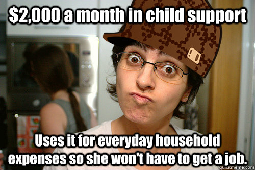 $2,000 a month in child support Uses it for everyday household expenses so she won't have to get a job.  Scumbag Ex-Wife