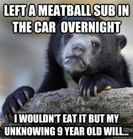 Left a meatball sub in the car  overnight I wouldn't eat it but my unknowing 9 year old will...  Confession Bear