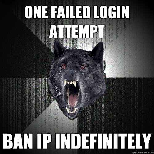 one failed login attempt BAN IP INDEFINITELY  Insanity Wolf