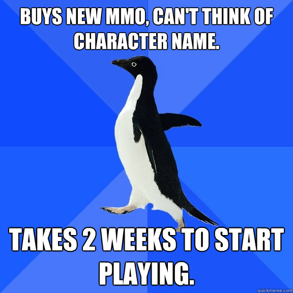 Buys new MMO, Can't think of character name. Takes 2 weeks to start playing.  Socially Awkward Penguin