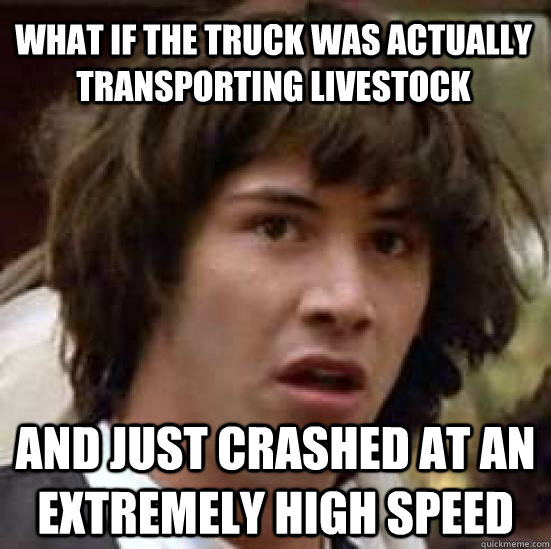 What if the truck was actually transporting livestock and just crashed at an extremely high speed  conspiracy keanu