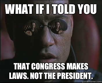 What if I told you That Congress makes laws. not the President.  Morpheus SC