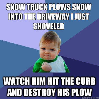 snow truck plows snow into the driveway i just shoveled watch him hit the curb and destroy his plow  Success Kid