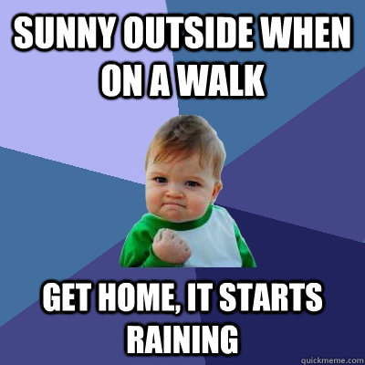 sunny outside when on a walk get home, it starts raining  Success Kid