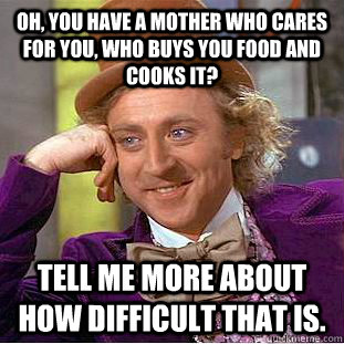 Oh, you have a mother who cares for you, who buys you food and cooks it? Tell me more about how difficult that is.  Condescending Wonka