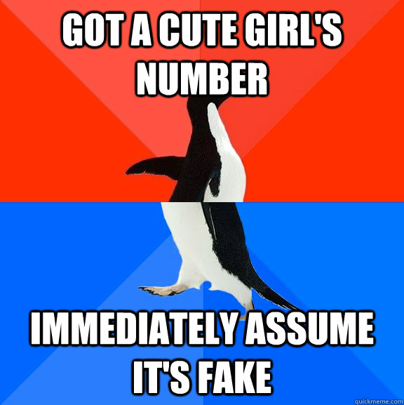 Got a cute girl's number Immediately assume it's fake  Socially Awesome Awkward Penguin