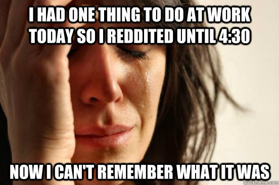 I had one thing to do at work today so I reddited until 4:30 Now I can't remember what it was  First World Problems
