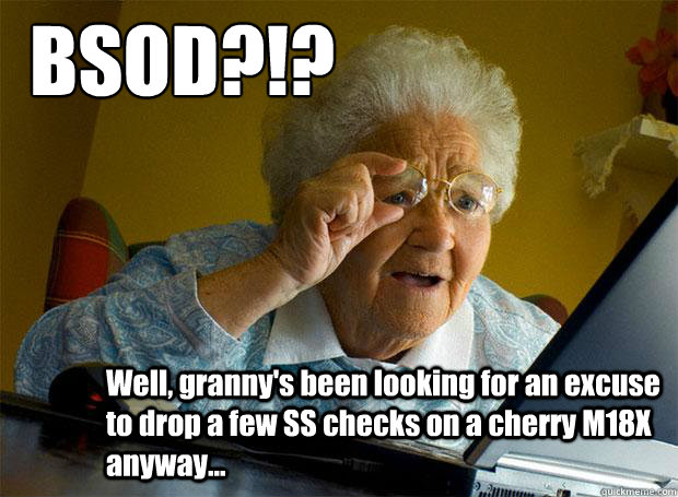 BSOD?!? Well, granny's been looking for an excuse to drop a few SS checks on a cherry M18X anyway... - BSOD?!? Well, granny's been looking for an excuse to drop a few SS checks on a cherry M18X anyway...  Grandma finds the Internet