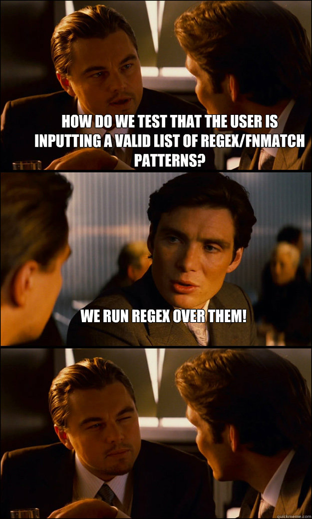 How do we test that the user is inputting a valid list of regex/fnmatch patterns? We run regex over them!  - How do we test that the user is inputting a valid list of regex/fnmatch patterns? We run regex over them!   Inception