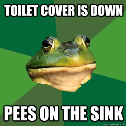 Toilet cover is down Pees on the sink  Foul Bachelor Frog