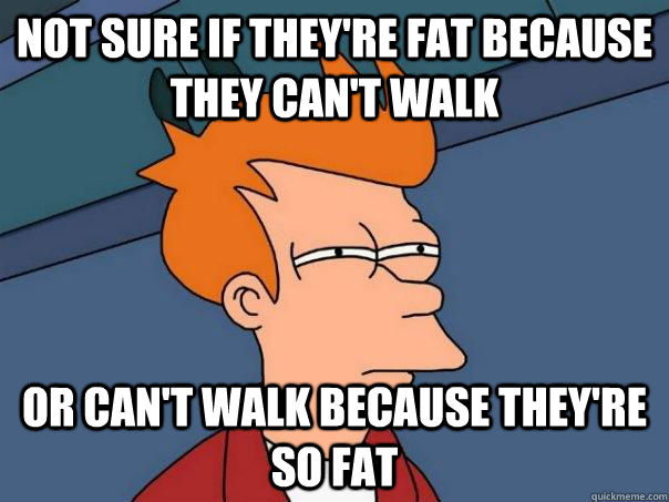 Not sure if they're fat because they can't walk Or can't walk because they're so fat - Not sure if they're fat because they can't walk Or can't walk because they're so fat  Futurama Fry