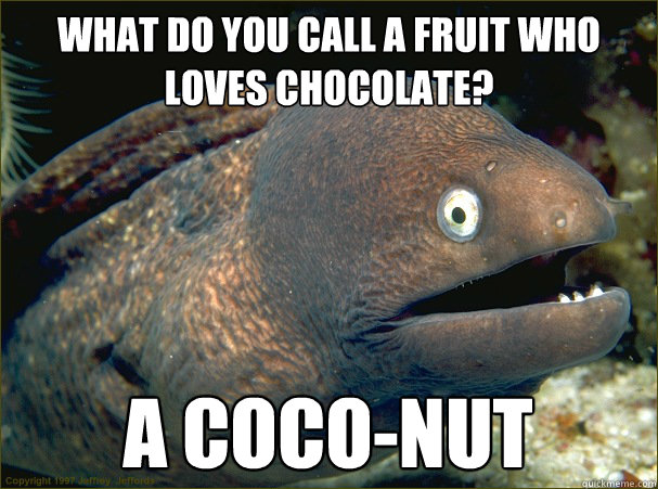 What do you call a fruit who loves chocolate? a coco-nut - What do you call a fruit who loves chocolate? a coco-nut  Bad Joke Eel