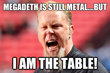 MEGADETH IS still METAL....but
 I AM THE TABLE!  I AM THE TABLE - James Hetfield