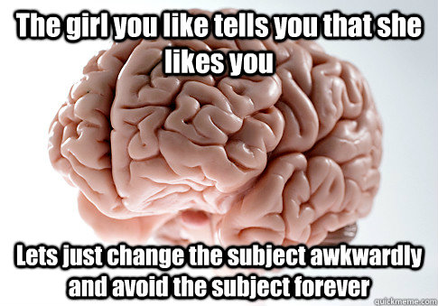 The girl you like tells you that she likes you Lets just change the subject awkwardly and avoid the subject forever  Scumbag Brain