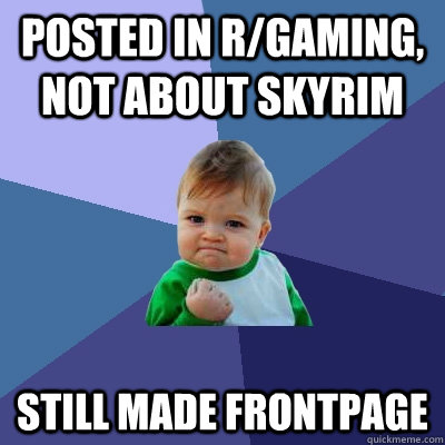 Posted in r/gaming, not about skyrim still made frontpage  Success Kid