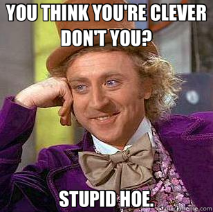 YOU THINK YOU'RE CLEVER DON'T YOU? STUPID HOE.  Condescending Wonka