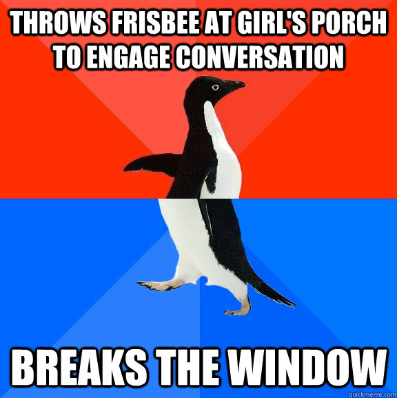THROWS FRISBEE AT GIRL'S PORCH TO ENGAGE CONVERSATION BREAKs THE WINDOW  Socially Awesome Awkward Penguin