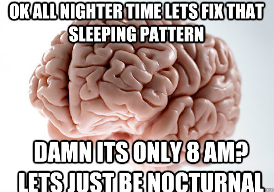 Ok all nighter time lets fix that sleeping pattern Damn its only 8 am? Lets just be nocturnal - Ok all nighter time lets fix that sleeping pattern Damn its only 8 am? Lets just be nocturnal  Scumbag Brain make you late to work